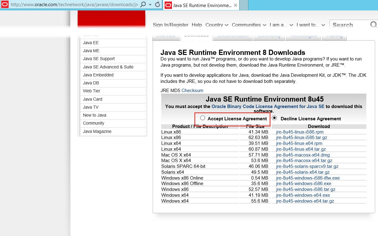 Java SE Runtime Environment 8 Download window.