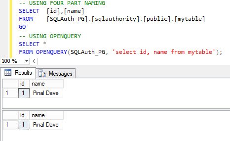 SQL Server Management Studio Query Browser results window.