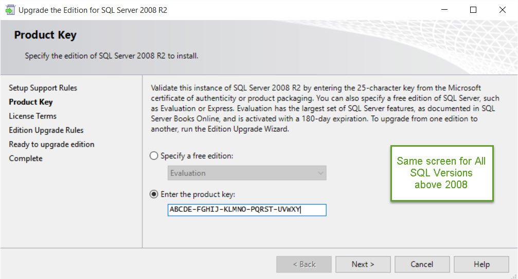 SQL server product key dialog.
