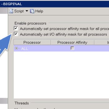 SQL server affinity settings window.