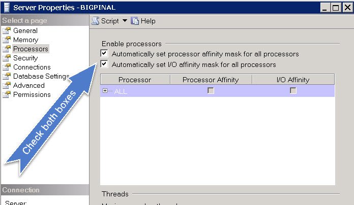 SQL server affinity settings window.
