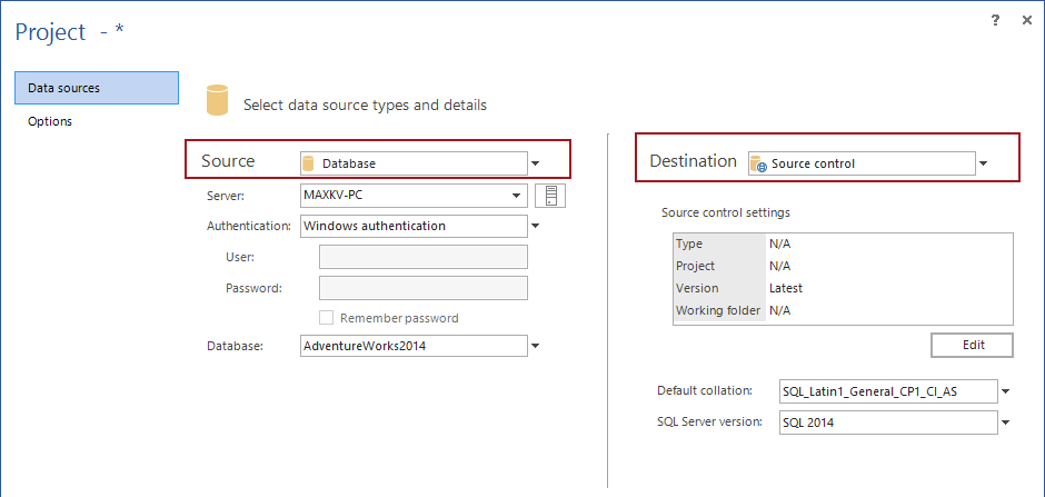 SQL Server database source control flow control setting.