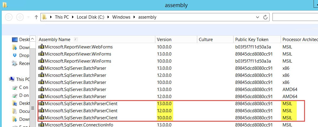 ASSEMBLY WINDOW WITH VARIOUS SQL SERVER ASSEMBLIES LISTED.