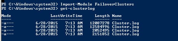 Windows cluster log file names and sizes.