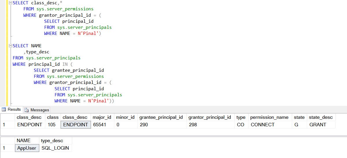SELECT results for a query on SQL Server permissions.