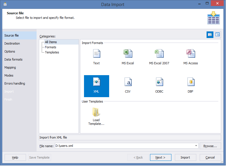 Importing XML.