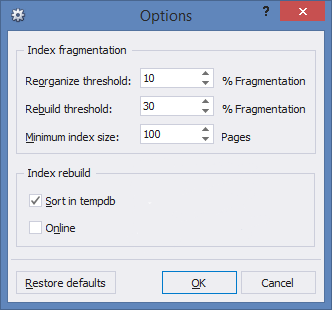 Index fragmentation settings window.