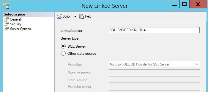 Creating linked server in SQL Server Management Studio.