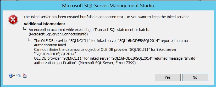 Linked server creation error dialog.