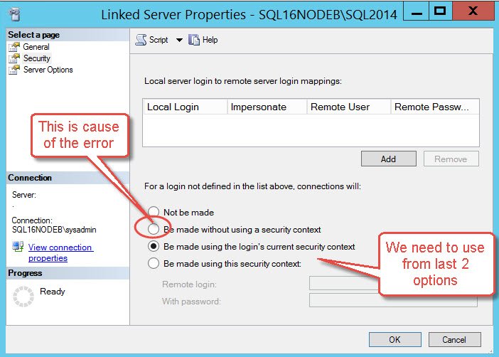 SQL server linked login options.