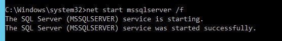 SQL Server service start command prompt output.