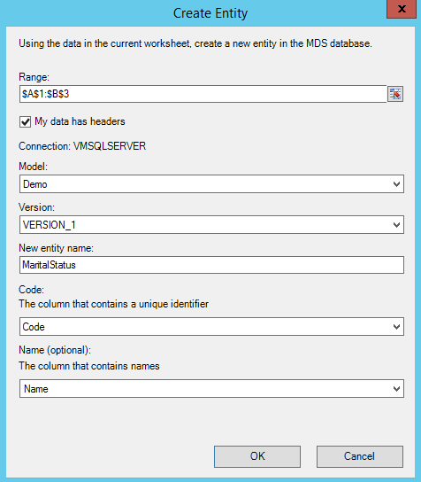 Create Entity Dialog Box.