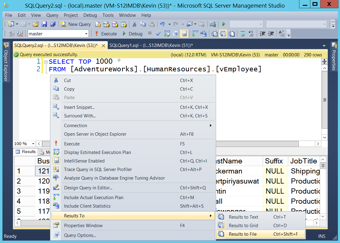 Executed Query Results.