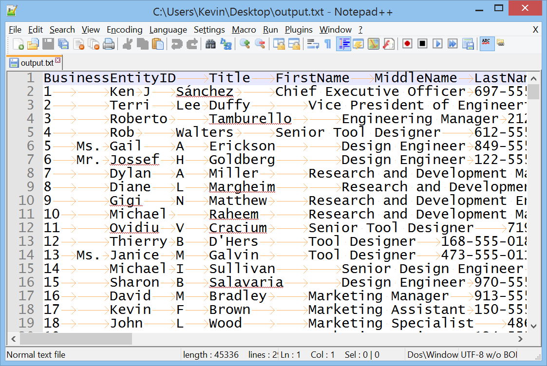 SQL Server Output Window.