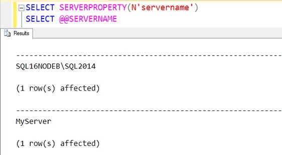 SQL Server property query results.