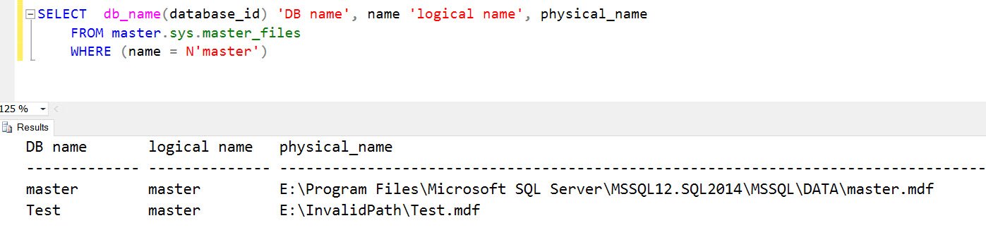 DB NAME, LOGICAL NAME, PHYSICAL NAME results table.