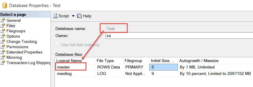 Database properties - test.