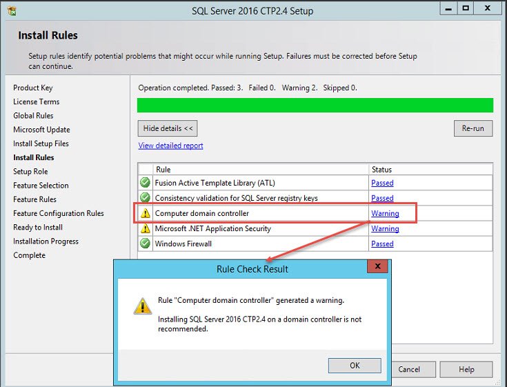 SQL Server installation rules warning.