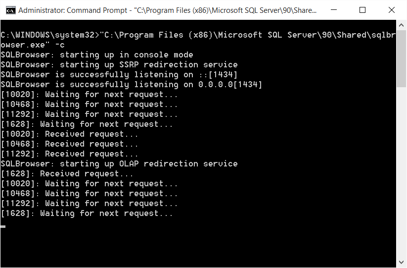 SQL Browser' console output.