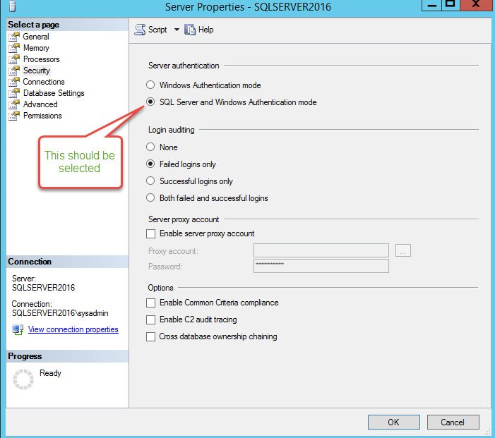 SQL Server Properties settings.
