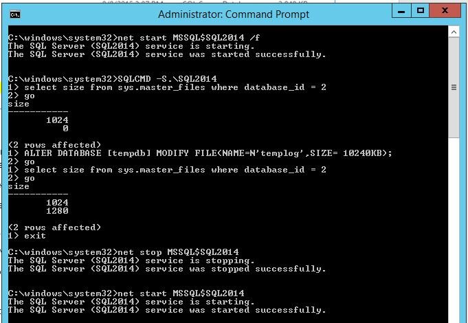 SQL Server command prompt window.