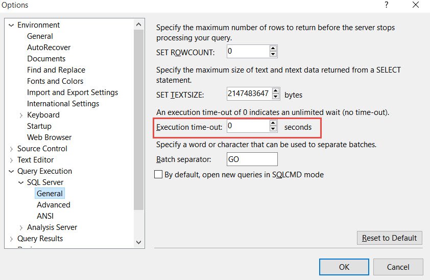 Time-out Settings in SQL Server Management Studio.