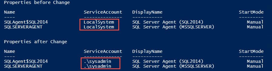Service account property change window.