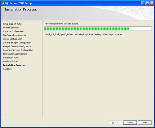 SQL Server 2008 setup installation progress window.