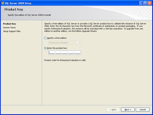 SQL Server 2008 Setup Product Key Window.