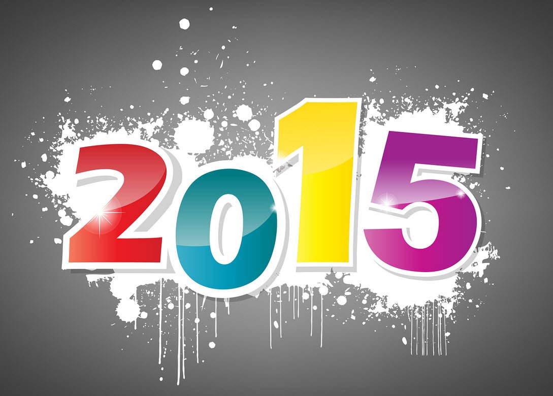 2015 year text with colorful paint splatter.