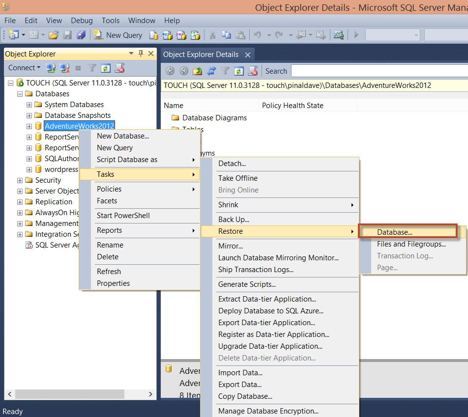 Database menu in Object Explorer.