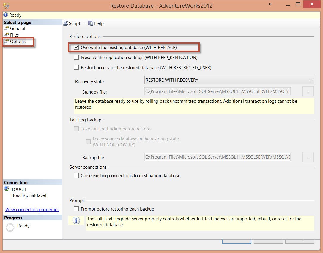Backup settings for database restore.