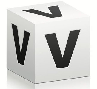 A white cube with black 'V' letters.