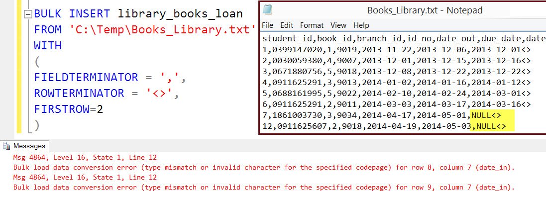 Bulk load data conversion error dialog.