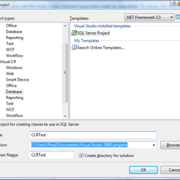 SQL Server project new project dialog box.