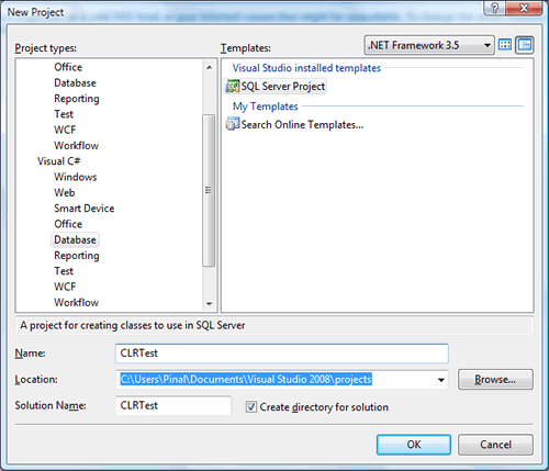 SQL Server project new project dialog box.
