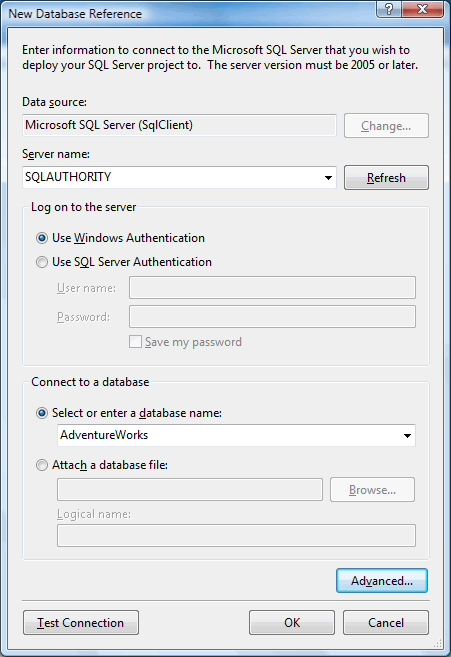 Window for connecting to sql server.