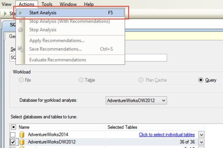 Start Analysis menu in SQL Server Management Studio.