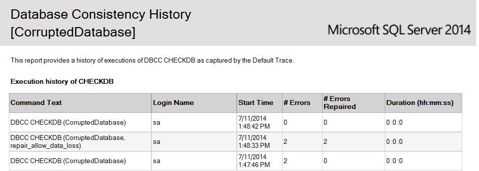 Database Consistency History Report screenshot.