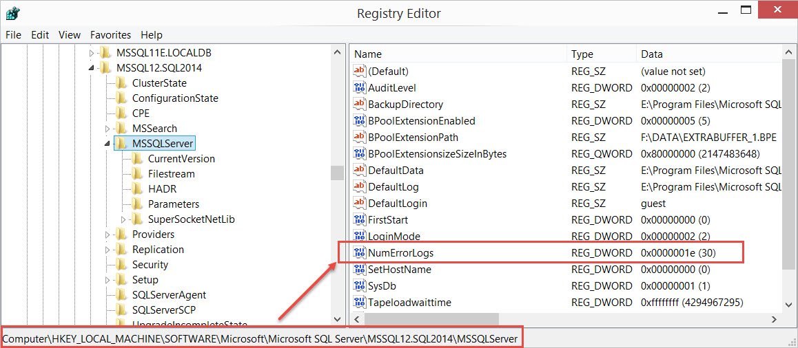 Errorlog window in the registry editor.