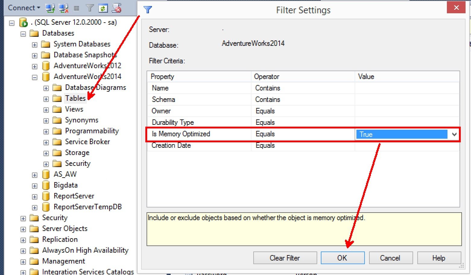 In-memory optimized filter settings.