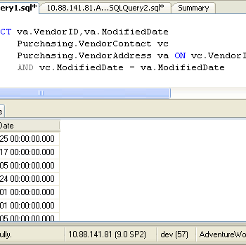 SQL Server query window showing query execution.