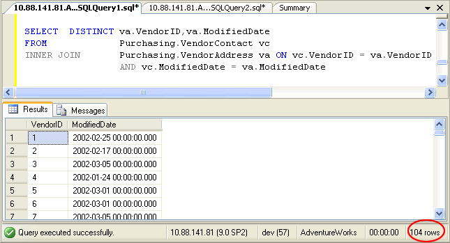 SQL Server query window showing query execution.