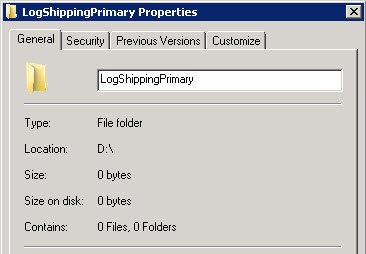 SQL Server log shipping primary properties window.