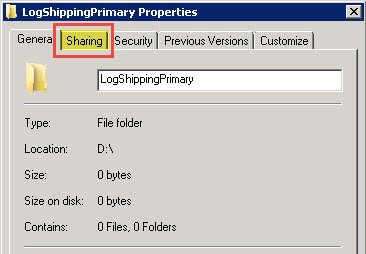 Log Shipping Primary Properties.