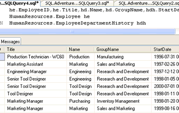 SQL server query results.