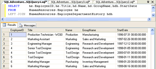SQL server query results.