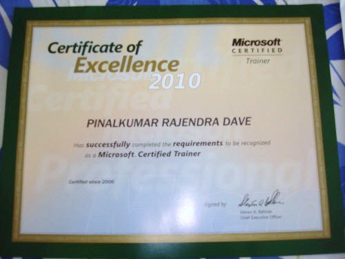A certificate of excellence awarded to a Microsoft Certified Trainer.