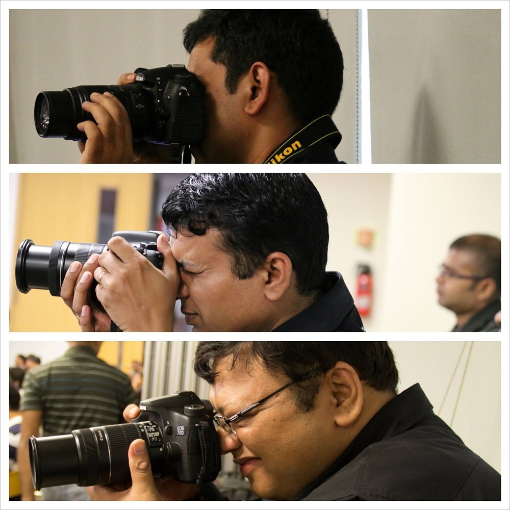 A collage of a photographer with a Nikon camera.