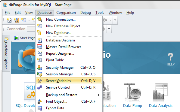DbForge Server Variables Tool Window.